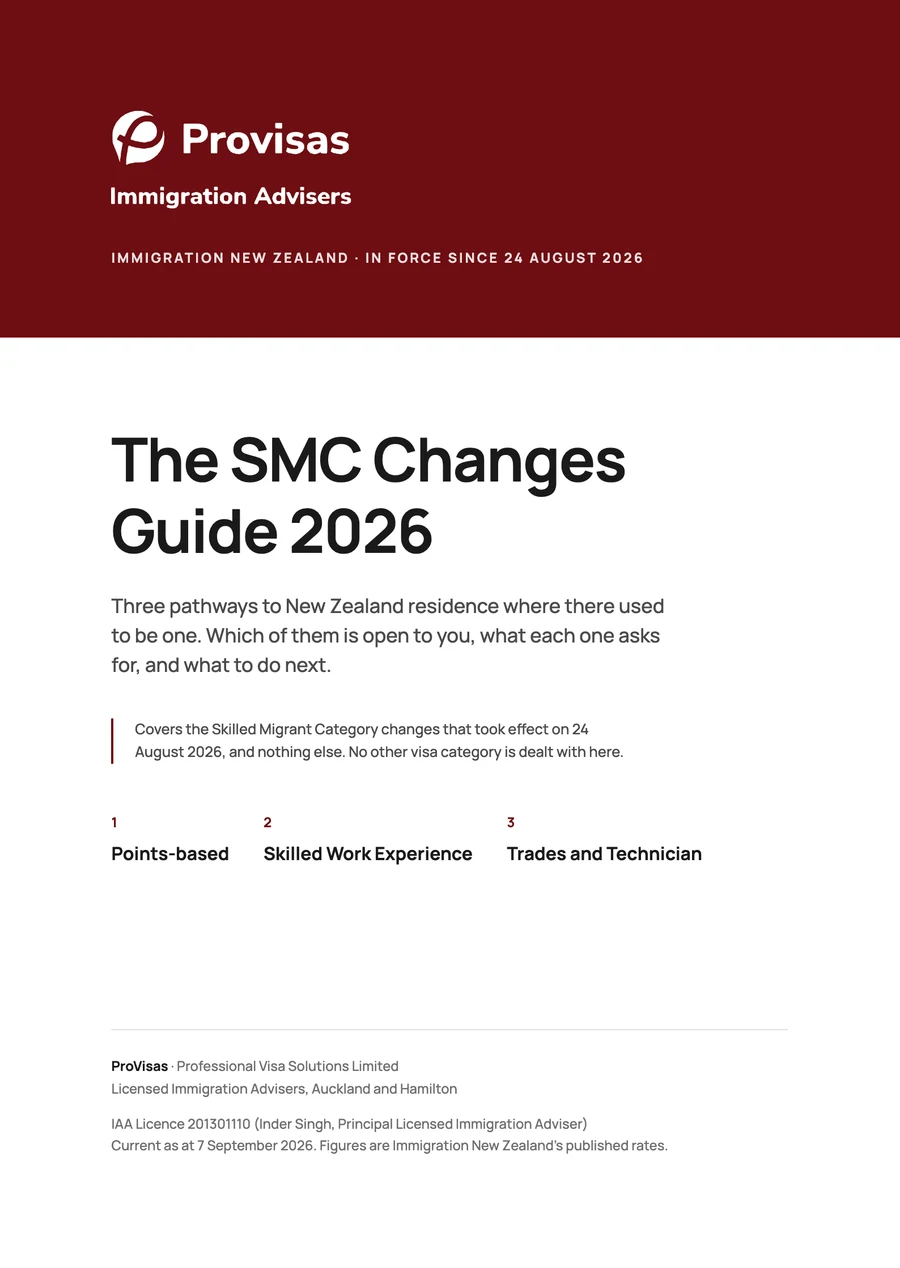 Cover of The SMC Changes Guide 2026, a fifteen-page PDF from ProVisas on the Skilled Migrant Category changes of 24 August 2026