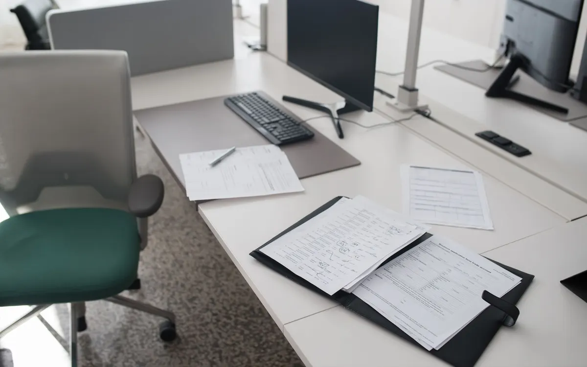 Work visa documents on a desk.